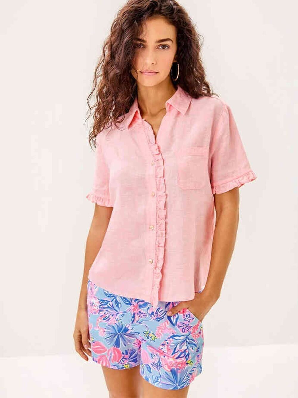 Lilly Pulitzer Carden Ruffle Linen Shirt S Pink Collared Button-Up Short Sleeve